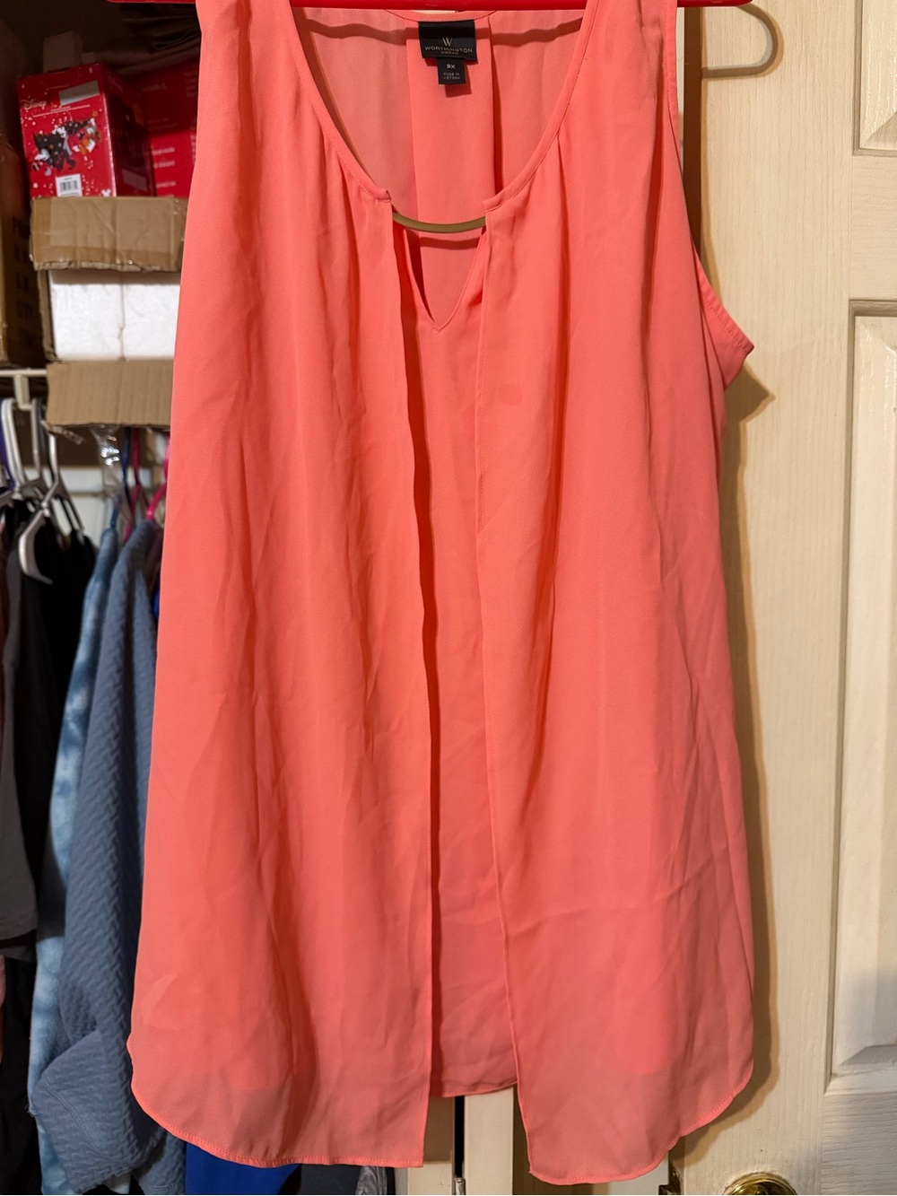 Worthington Coral-Peach Sleeveless V-Neck Top with Gold Accent